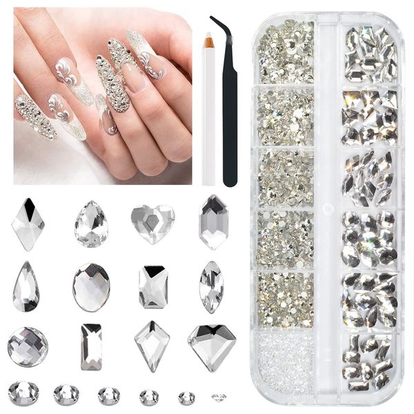 1300Pcs Crystal White Nail Art Rhinestones Crystal Clear Nail Charms 60 Multi Shapes Crystal Flatback Rhinestones Big Gems +1240 Round Beads K9 Glass Stones Diamonds jewels for Nails Faces Eyes Makeup