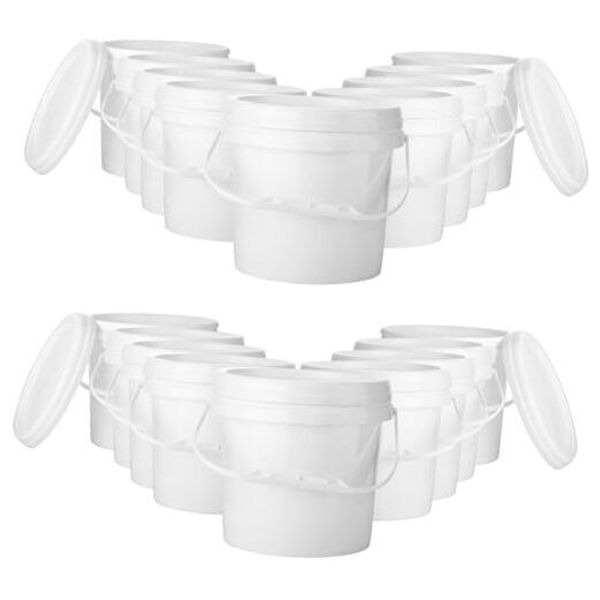 24 Pcs White Heavy Duty Bucket Plastic Buckets with Lids and Handle 1 Gallon