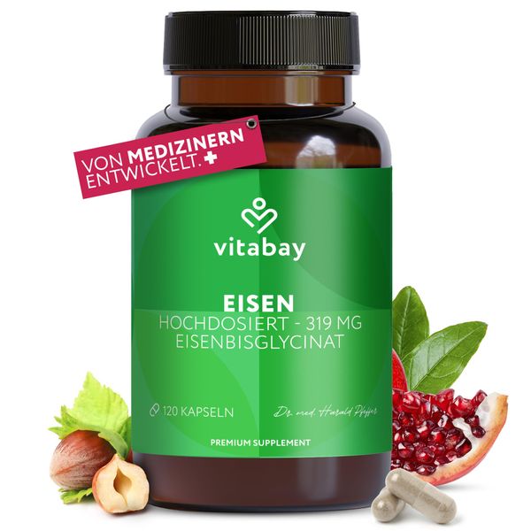Vitabay Eisen Hochdosiert 319 mg – 120 Vegane Kapseln – Eisenbisglycinat & Eisentabletten – Eisenpräparate für Sauerstofftransport, Energiestoffwechsel & Immunsystem