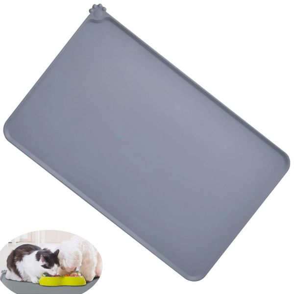 Non-Slip Dog Cat Food Mat, Silicone Pet Feeding Mat, Waterproof Dog Bowl Mat, Cat and Dog Food Mat to Stop Spills, Keep Floors Clean (Grey, 48x30cm)