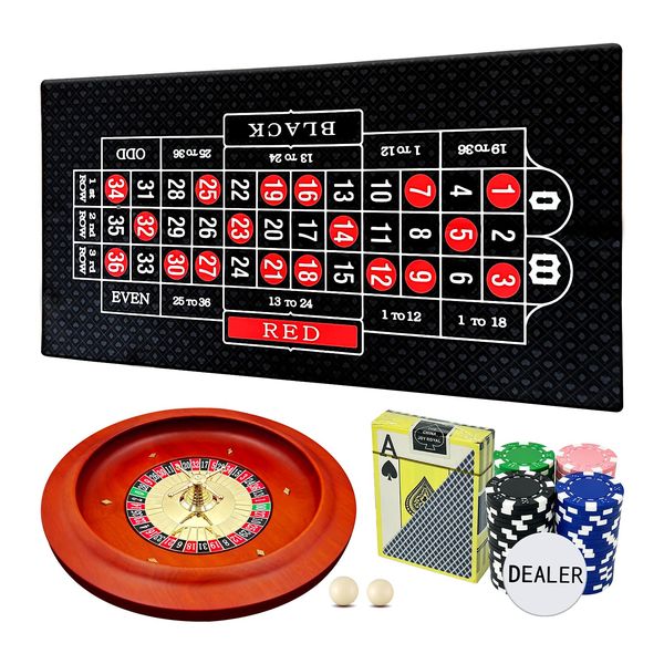 Ygebet 11 inch Solid Roulette Wheel Set for Adults, with 47.2 x 22.8 Inch Double Sided Table Layout Felt Mat, 100 ABS Chips, and Dealer Button Playing Cards Casino Game Sets