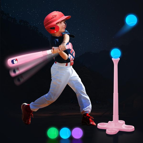 Leshein T Ball Set, Light Up LED Baseball Toys for Kids Toddlers 3-10, Glow in The Dark Tee Ball Set, Rechargeable Portable Outdoor Toys for Barkyard Camping, Hitting Sport Toys for Boys Girls (Pink)