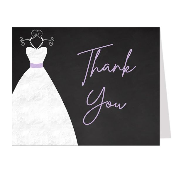 Chalkboard Bridal Shower Thank You Cards Wedding Shower From the Bride to Be Soon to Be Mrs. Purple Wedding Gown Dress Thank You Notes Black and Lavender (24 Count)