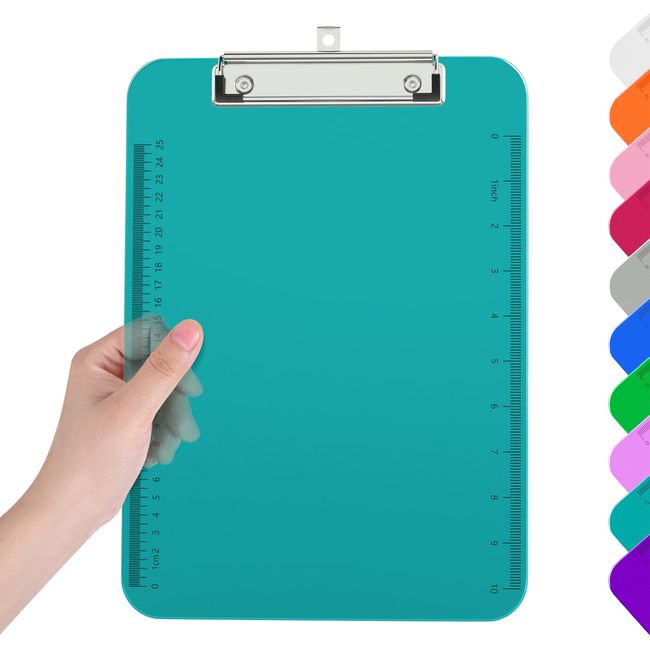 Piasoenc Plastic Clipboards, Translucent Clip Board with Low Profile, Purple Clipboard with Ruler,Office Clipboards, School Supplies, Letter Size 12.5 x 9 Inches, Teal