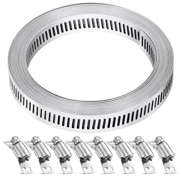 Hose Clamp, 11.5 Ft Stainless Steel Hose Clamps Assortment Kit with 8 Fasteners, DIY Large Adjustable Worm Gear Hose Clamps Set Pipe Duct Band Clamps for Automotive, Mechanical, Cut To Fit