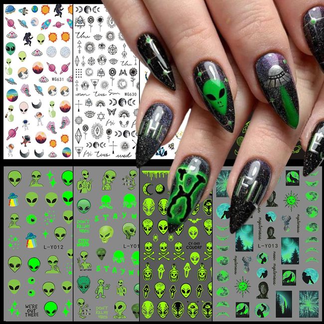 Alien Nail Art Stickers Decals 3D Astronaut Space Alien UFO Rocket Earth Moon Star Nail Transfer Decal Luminous Alien Nail Self-Adhesive Sticker Designs for Women Girls Manicure Tips Decorations