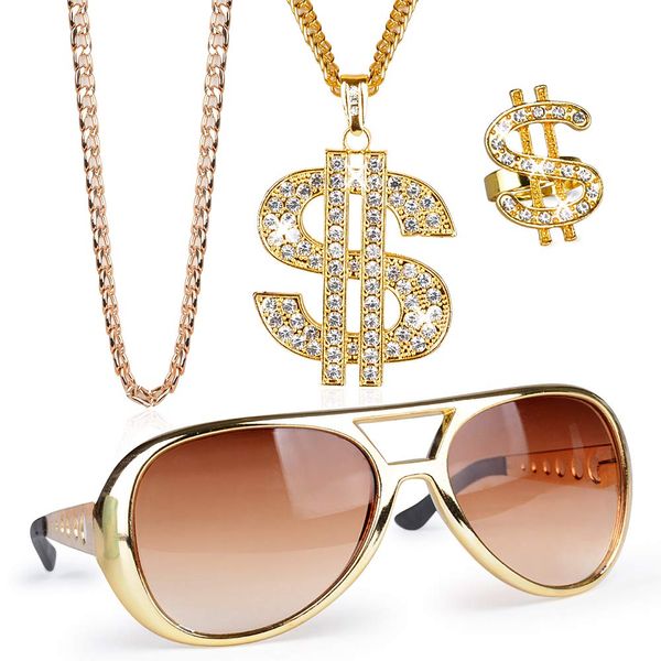 FLOFIA 4Pcs Hip Hop Costume Kit - 80s/90s Fancy Dress Accessories Fake Gold Chain Dollar Sign Necklace, Ring, Hippie Glasses for Men's Rapper Costume