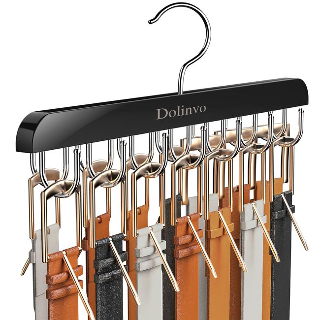 Dolinvo Belt Hanger Belt Organizer for Closet Max 42 Belts, Wooden Tie Belt Holder with 14 Hooks,360°Rotating Belt tie Rack Tank Top Hanger for Closet Organizers and Storage