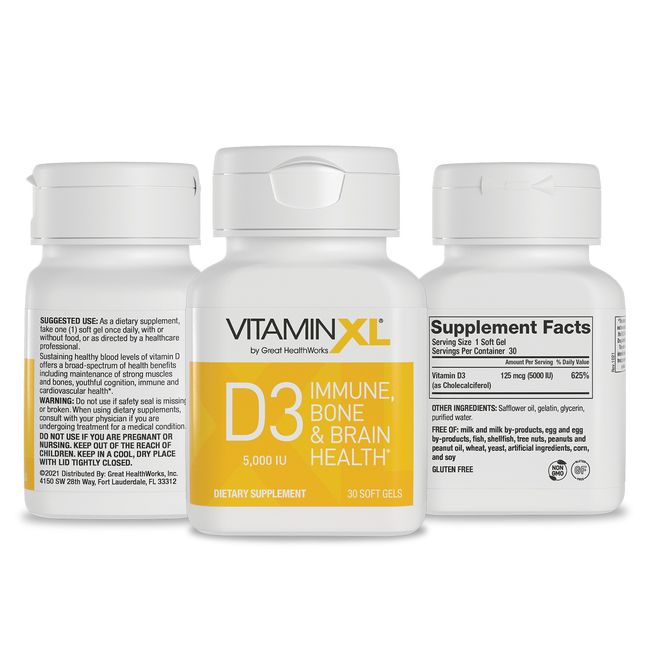 VitaminXL D3, 5,000 IU, High Potency Daily Immune Support Supplement 30 count