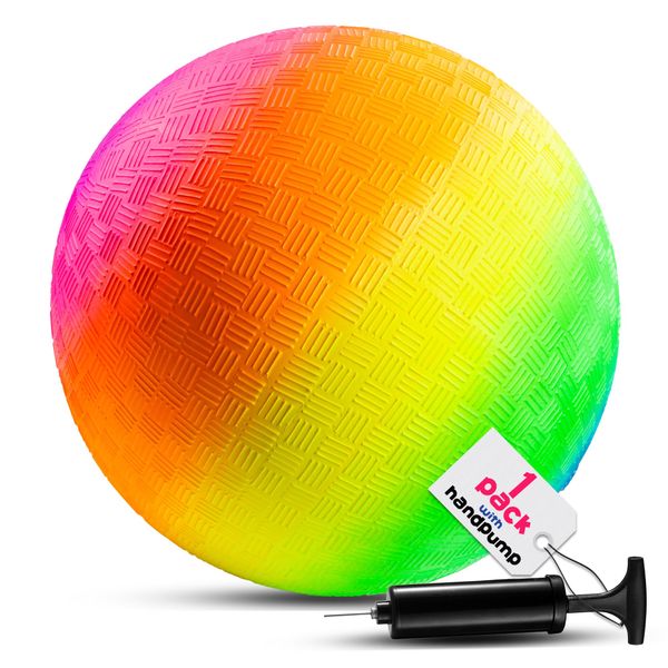 Bedwina Rainbow Playground Ball - 8.5Inch (Pack of 1) Rubber Bouncy Inflatable Balls for Kids and Adults, Indoor and Outdoor Games, Kickball, Dodgeball, Four Square, Dodge Ball, Handball