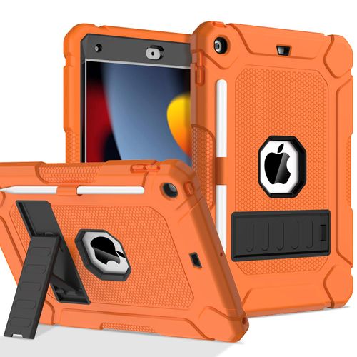 AVAWO Case for iPad 9th/8th/7th Generation(10.2 inch, 2021/2020/2019), Heavy Duty Military Grade Shockproof Protective Cover with Built-in Stand/Pencil Holder for i Pad 9/8/7 Gen，Orange+ Black