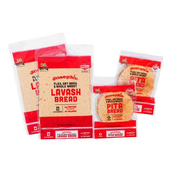 Joseph's 4-Pack Value Variety Bundle, Flax Oat Bran Whole Wheat 2 x Lavash Bread, Fresh Baked (8 Lavash Squares Total) and 2 x Pita Bread (12 Pita Loaves Total)