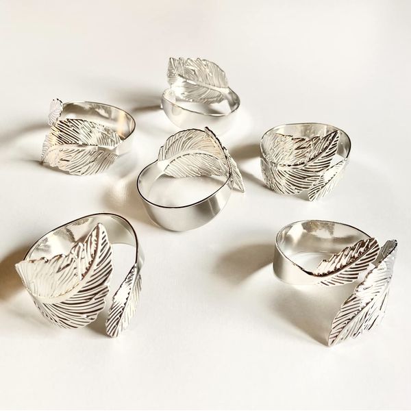 Milkcat Set of 6 Silver Napkin Rings Leaf Design Dinner Party Table Codate (A Silver)