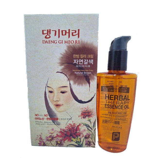 Daeng Gi Meo Ri - Asian Herbal Hair Color Cream [Natural Brown], Covering Gray Hair, Protecting Damaged Hair from Hair- Dyeing, 4 Oz + Herbal Therapy Essence Oil 4.73 FL.OZ/140ml