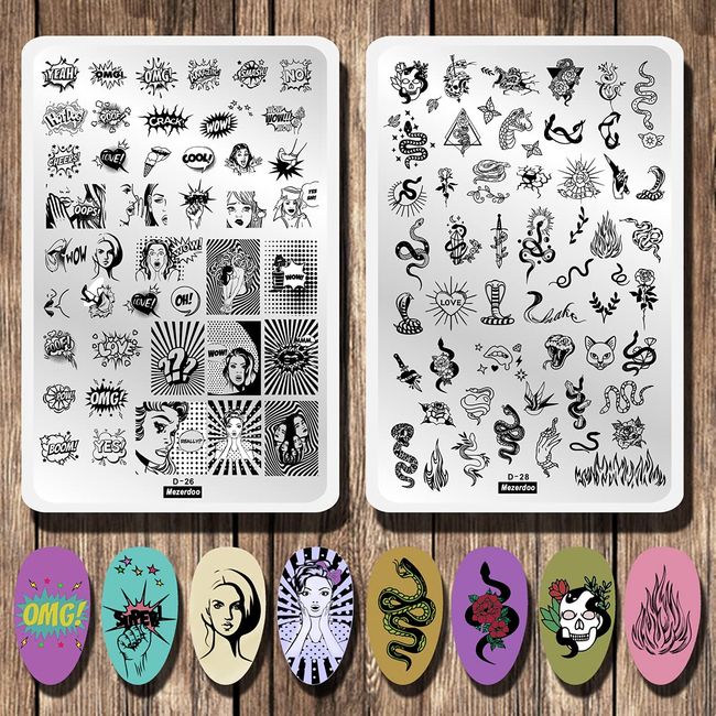 2 Pieces Nail Image Plate Set 5.7 x 3.7 inches (14.5 x 9.5 cm) Plate Abstract Face Snake Series Stamping Nail Plate Flower Fire Skull Nail Image Plate Pattern Stamp Template Nail Art Tools Stencil Beauty Girl Letter Words Image Full Coverage Nail Art Stam