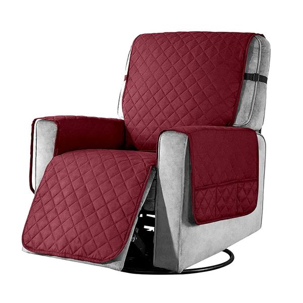 Recliner Chair Cover Pad with 6 Side Pockets, Reclining Chair Adjustable Soft Non-slip Buckles Protective Armchair Sofa Cushion Furniture Protector for Home with Children and Pets Dog (Small, Claret)