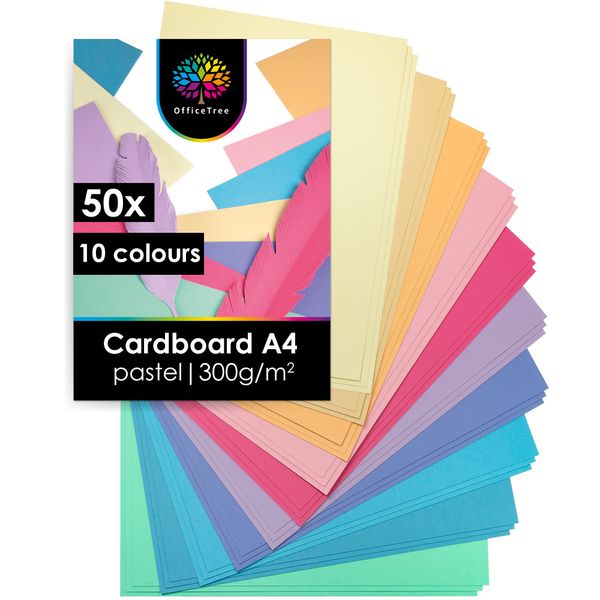 OfficeTree 50x Pastel Paper A4-300 g/m² - 10 Pastel Colours - Pastel Card Paper - Coloured Paper A4 - A4 Coloured Card - Crafting Card Paper for Kids - Craft Card Pastel