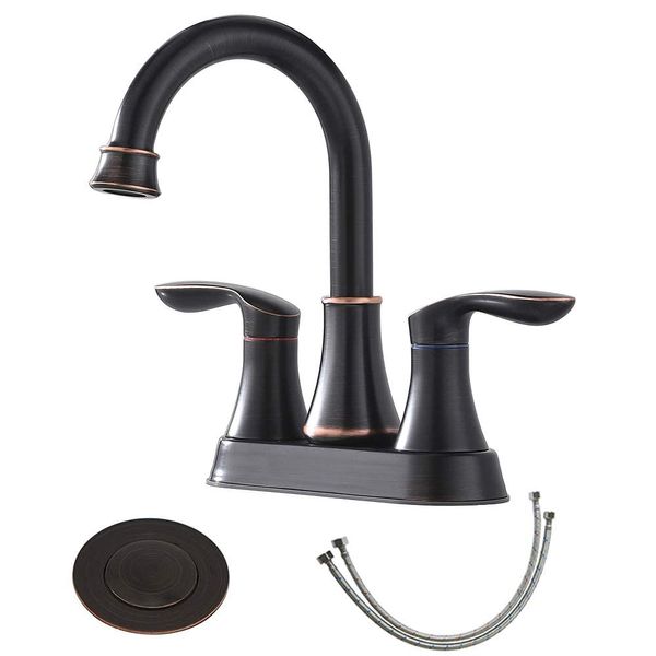 Friho Centerset Lead-Free Modern Commercial 2-Handle Oil Rubbed Bronze Bathroom Faucet, 4 inch RV Bathroom Sink Faucet 3 Hole Bath Vanity Faucets with Drain Stopper and Water Hoses