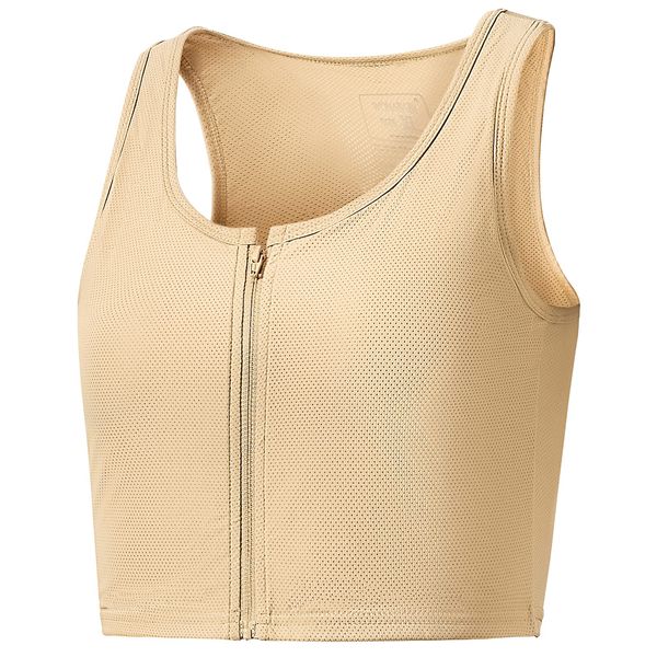 Wonababi Cooling Mesh Material, Pan Shirt, Stretchable, Ultra Slim, Breast-busting, Stretchy & Breathable, Half Tank Top, Gentle Tightness, Comfortable, Shapewear Corset, Makes Breasts Look Smaller, Beige (Zippered), Zipper closure