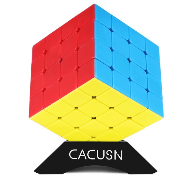 CACUSN 4x4x4 3D Puzzle Smooth Rotating Competition Cube World Standard Coloring with Stand, 4x4 Stickerless