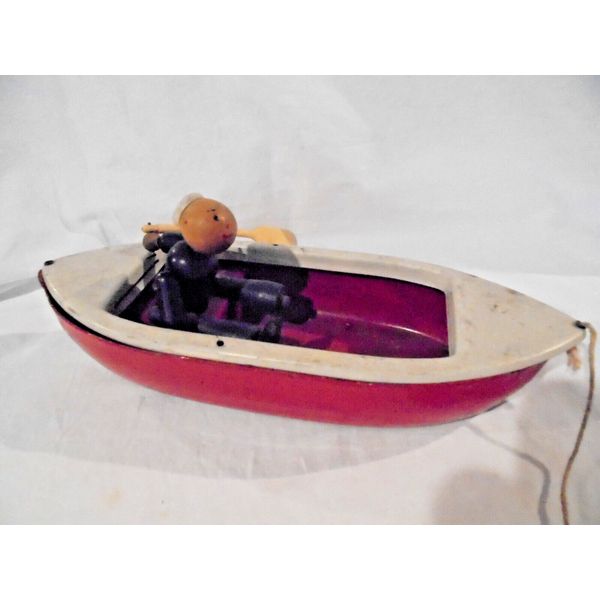 Vtg Woodette Coast Guard Pressed Steel Wood Figure Toy Rowboat PARTS or REPAIR