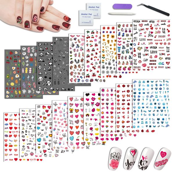 BASIFA Nail Art Stickers for Women Girls Kids, 18 Sheets Acrylic Decals with Tweezers, Heart Sunflower Fruit Panda Lips Designs, Self-Adhesive Waterproof Nail Decoration