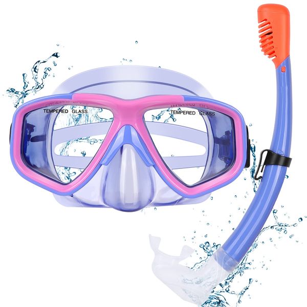 KUYOU Snorkel Kids Snorkel Set, Anti-Fog Full Dry Top Child Snorkeling Package, Diving Mask and Snorkel Gear Set for Kids Youth Boys Girls Junior Age 7-16 (Violet)