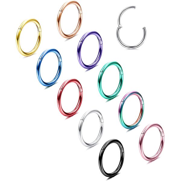 ADRAMATA 10pcs 16G Hinged Clicker Nose Rings Helix Cartilage Daith Hoop Earrings for Women Men Septum Tragus Sleeper Conch Piercing Earring Set 8mm