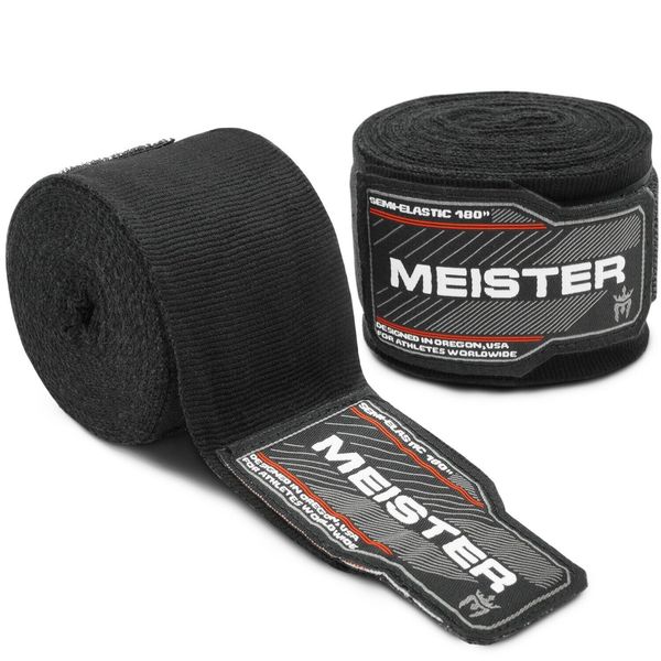 MEISTER BLACK 180" MMA HAND WRAPS - Mexican Elastic Cotton Boxing Wrist New PAIR