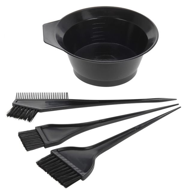 MIJOMA 4-teiliges Set Haarfärbe-Set mit Färbeschale, schmaler Haarfarbenpinsel, breiter Haarfärbepinsel, doppelseitiger Pinsel mit Kamm, Farbe schwarz