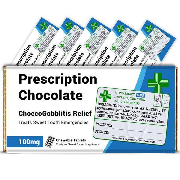 Funny Chocolate Bar Wrapper x 6 pcs Prescription Chocolate (Chocolate not included) - Funny Gifts for Women and Men, Chocolate Gifts, Get Well Soon Gifts, Stocking Fillers Women, Teacher Gifts