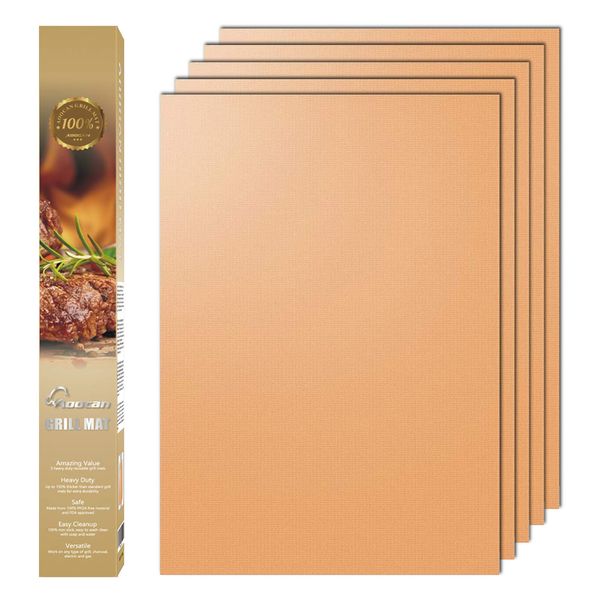 AOOCAN Copper Grill Mat Set of 5 - Non-Stick BBQ Outdoor Grill, Copper Grilling Mats Reusable and Easy to Clean, Works on Electric Grill Outdoor Gas Charcoal BBQ as Seen on TV-15.75 x 13 Inch