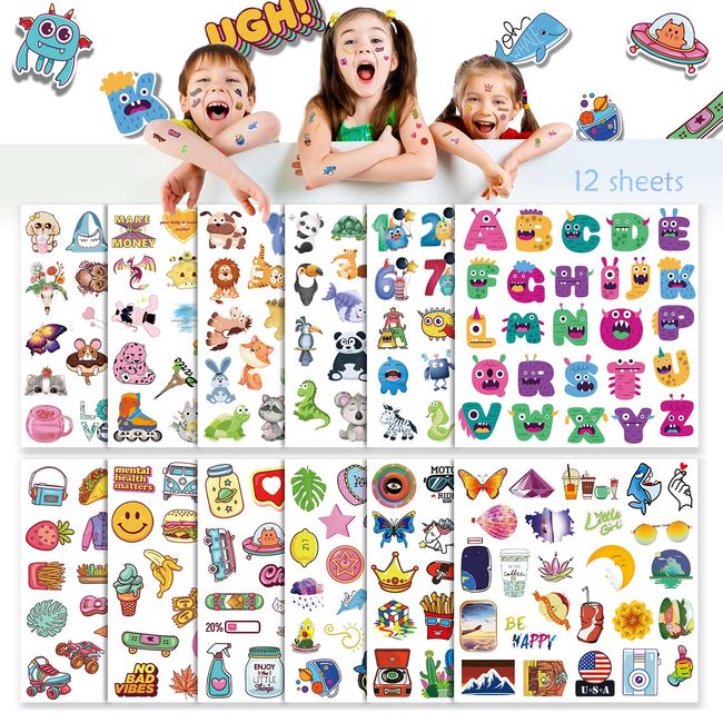 Aresvns Fake tattoos kids 300+ PCS,12 sheets Cute Mixed Style Cartoon temporary tattoo for Kids boys and girls,Waterproof,Non-toxic and Easy to remove