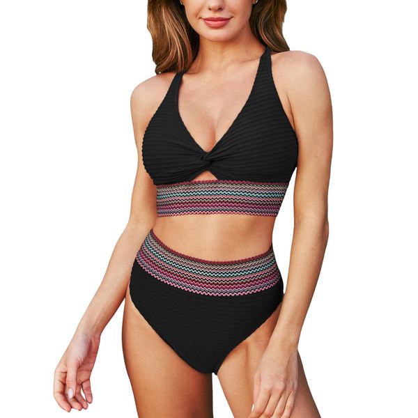 CUPSHE Women's Bikini Sets Two Piece Swimsuit High Waisted Twist Cutout V Neck Keyhole Swimming Costume Black S