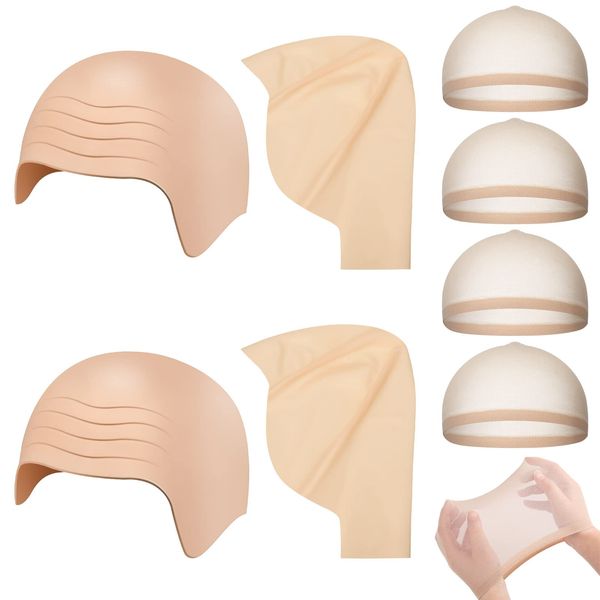 8 Pcs Halloween Bald Head Cap Party Costume Include 4 Makeup Latex Bald Caps and 4 Hair Wig Caps for Adults Kids Women Men (Multi Style)