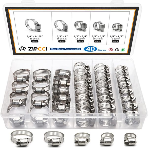 ZIPCCI Hose Clamp Kit, 1/4 Inch - 1 Inch 304 Stainless Steel Hose Clamps Assortment, Worm Gear Fuel Line Pipe Clamp Set, 6-29mm (40pack)