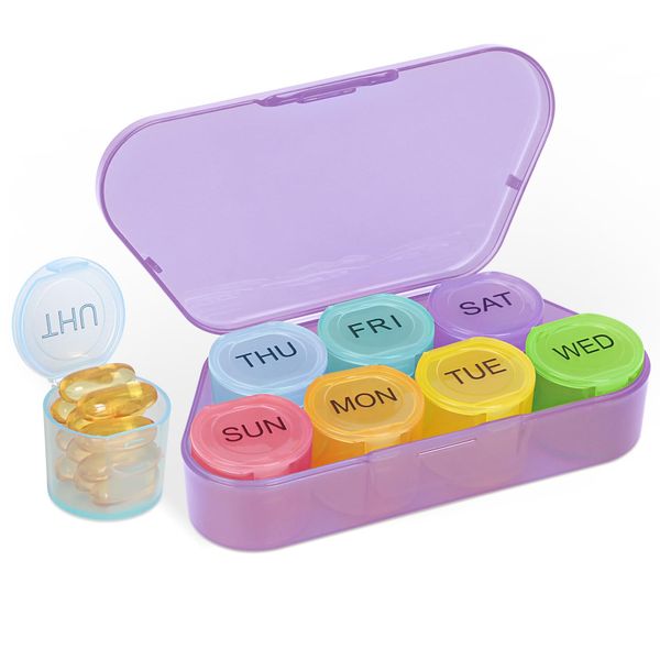 Simpolor Weekly Pill Organizer, BPA Free Medicine Organizer Rainbow 7 Day Pill Box, Daily Portable Pill Container for Pills/Vitamin/Fish Oil/Supplements (Purple)