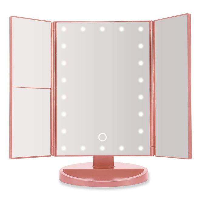 Jian Makeup Mirror, 3 Sided Mirror with 22 LEDs, Tabletop Actress Mirror, Pink