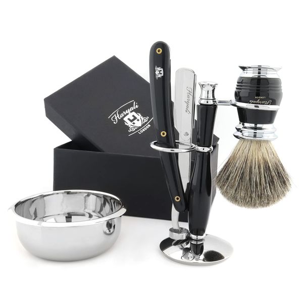 Straight Razor Kit for Men - Synthetic Bristles Shaving Brush with Stand and Shaving Bowl - Professional Barber Shaving Razor - 4 Piece Shaving Kit in Black Color