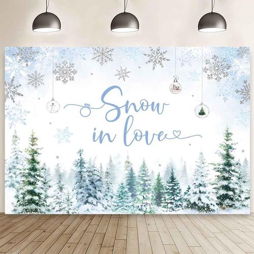 MEHOFOND 7x5ft Winter Snow in Love Bridal Shower Backdrop Snowflake Woman Bride to Be Photography Background Pine Tree Xmas Couple Wedding Party Decorations Blue and Silver Engagement Banner Props