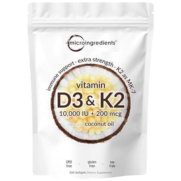 Vitamin D3 10000 iu Plus K2 MK-7 200 mcg 300 Virgin Coconut Oil Softgels| 2 i...