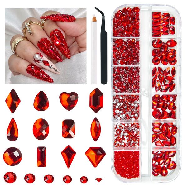 qiipii 2052Pcs Red Nail Art Rhinestones Multi Shapes Crystal Flatback Rhinestones Gems Siam Red Round Beads K9 Glass Stones Diamonds jewels Nail Art Supplies Charms for Nails Faces Eyes Makeup Crafts