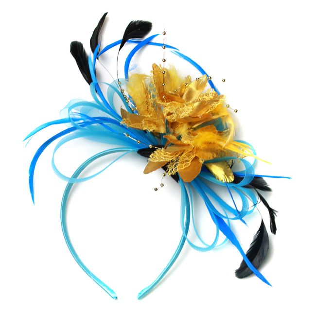 Caprilite Fashion Aqua Cornflower Blue and Gold Net Hoop Feather Hair Fascinator Headband Wedding Royal Ascot Races