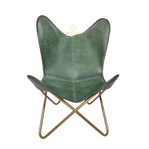 Buff Green Leather Butterfly Chair Handmade Folding Office Garden Lounge Chair