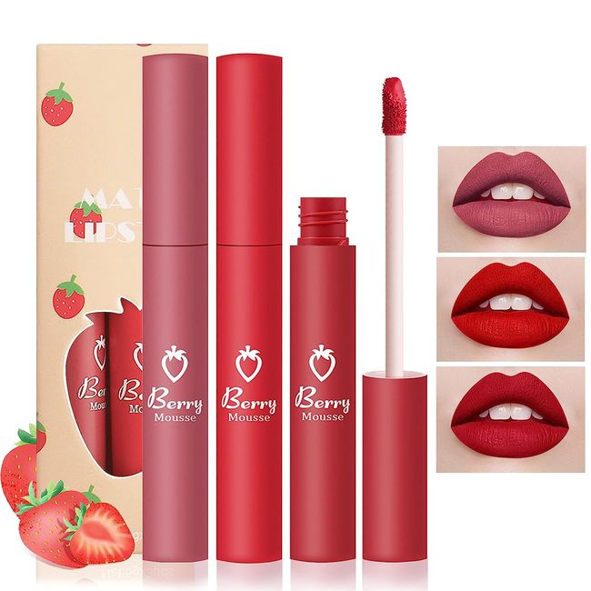 3-teiliges mattes Lipgloss-Set, Erdbeer-Matt-Lippenstift-Set, matte Nude-Flüssigkeit, langlebig, Antihaft-Becher, nicht verblassender, wasserdichter Lipgloss, Make-up-Geschenk für Mädchen und Frauen