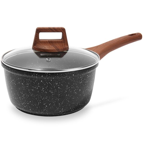 ESLITE LIFE Nonstick Sauce Pan with Lid, 1.5 QT Small Soup Pot Compatible with All Stovetops (Gas, Electric & Induction), PFOA Free, Black