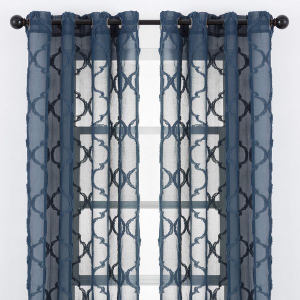 Chanasya 2-Panel Moroccan Embroidered Grommet Textured Sheer Curtain Panels - for Windows Living Room Bedroom Kitchen Office - Translucent Window Drapes for Home - 52 x 84 Inches Long - Dark Blue