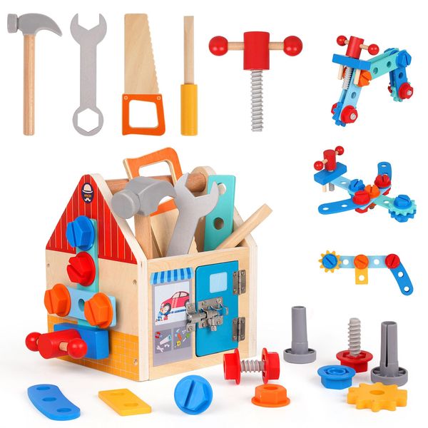 Wooden Kids Tool Set Toddler Tool Box with Door Latch Lock Wood Tool Kit Construction Toys Stem Montessori Educational Pretend Play Tool Toy Birthday Gift for Toddlers Boys Girls