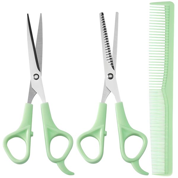 Hair Cutting Scissors Thinning Shears and Comb Set, 2 Pack 6 inch Professional Stainless Steel Barber Scissors with Sharp Blades and 1 Pack Comb for Men Women Kids and Pets Hair - Green