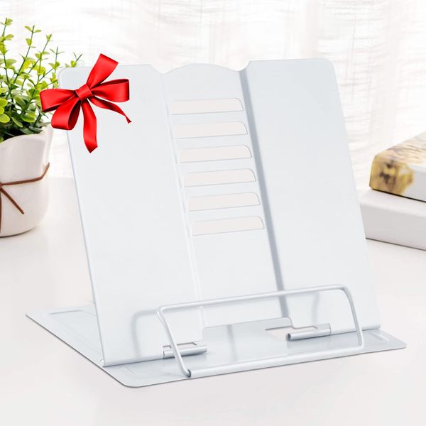 Metal Book Stand Reading Book Holder Lightweight Cook Book Stands Portable Textbook Holders Adjustable Recipe Document Stand Tablet Music Book Stands&Holders(White)